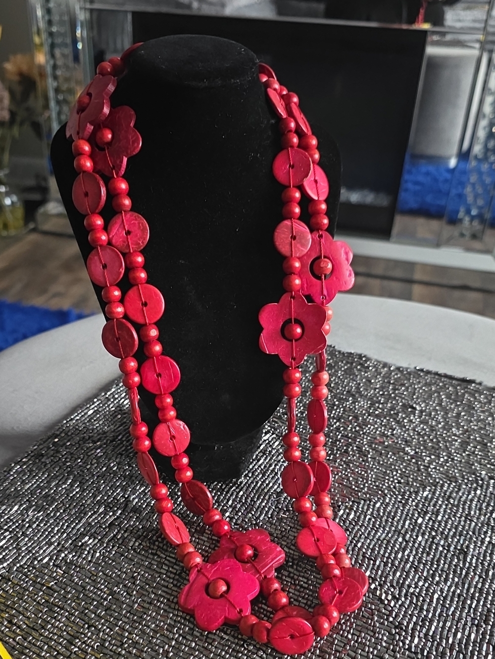 Vintage Red Floral Multi-Strand Beaded Necklace